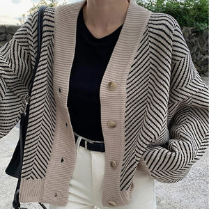 Aachoae Knitted Striped Cardigan Sweater Women Fashion Patchwork Top Spring 2020 Long Sleeve Casual Outwears V Neck Buttons Coat