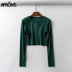 Aproms Candy Color Ribbed Knitted Cardigan Women Autumn Winter Long Sleeve Basic Cropped Sweaters Female Casual Short Jumper Top