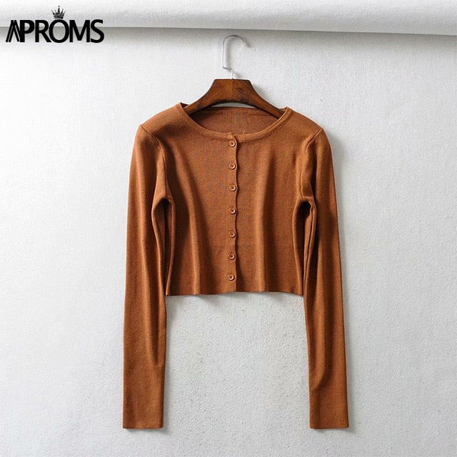 Aproms Candy Color Ribbed Knitted Cardigan Women Autumn Winter Long Sleeve Basic Cropped Sweaters Female Casual Short Jumper Top